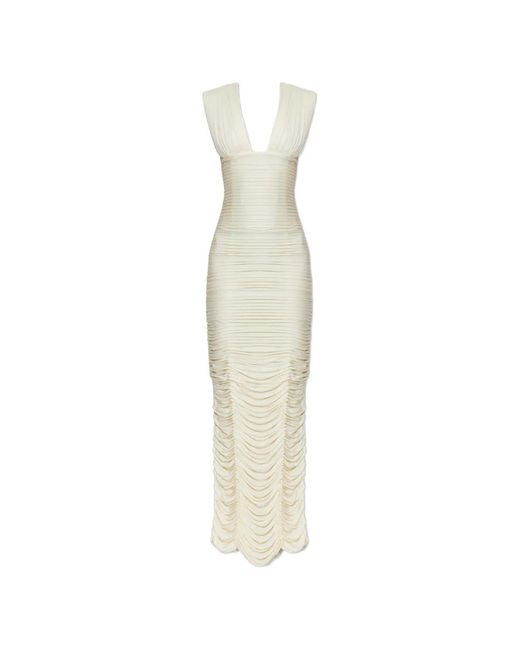 Versace White Ruched V-Neck Maxi Dress