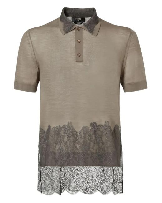 Fendi Gray Lace-Panel Polo Shirt for men