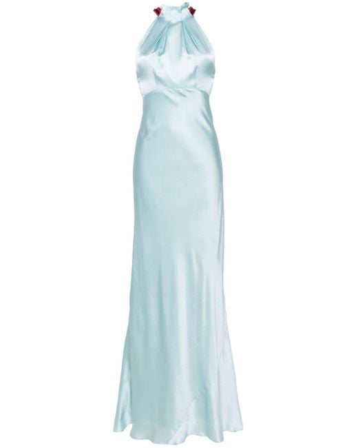 Saloni Blue Pleated-neck Seersucker Gown