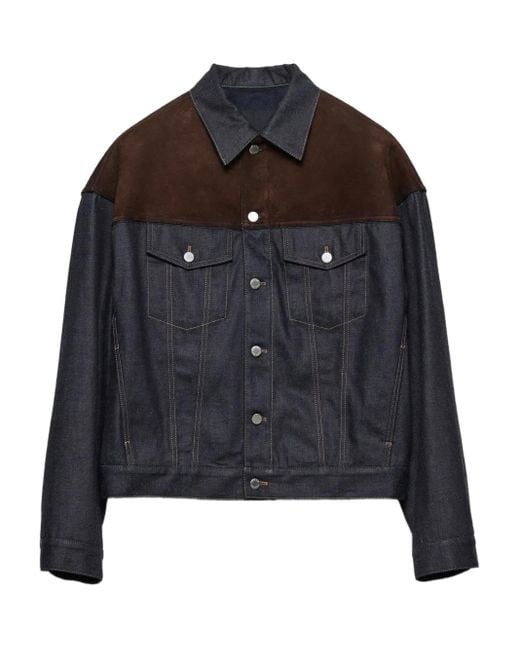 Prada Blue Suede-Panel Denim Jacket for men