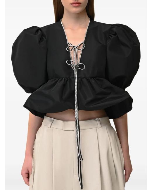 Anouki Black Puff-Sleeve Tie-Front Blouse