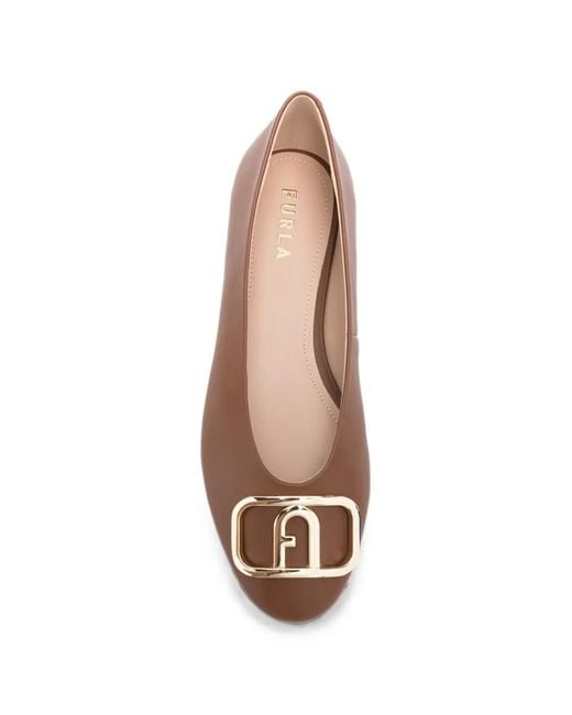 Furla Brown Logo-Plaque Leather Ballet Flats