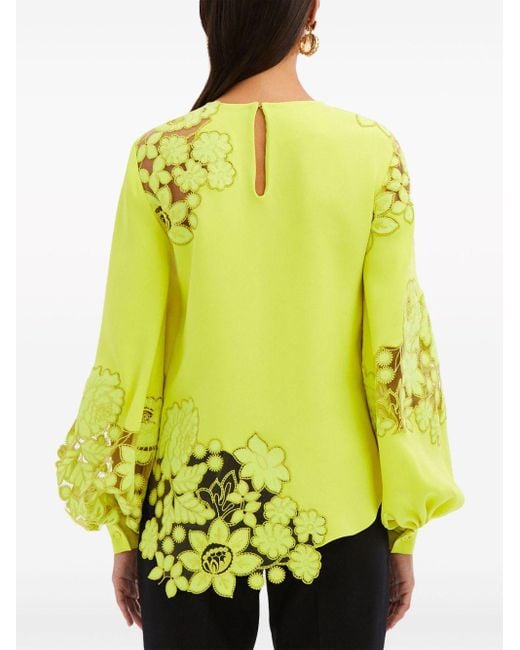 Oscar de la Renta Yellow Floral-embroidered Silk Blouse