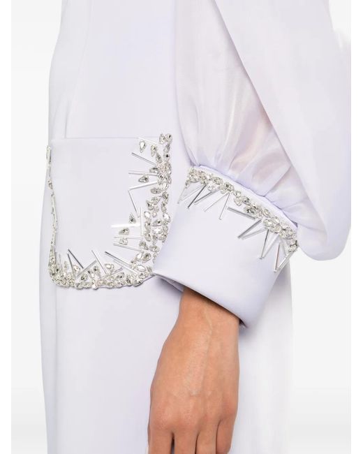 Jean Louis Sabaji White Crystal-Embellished Puffed-Sleeve Dress