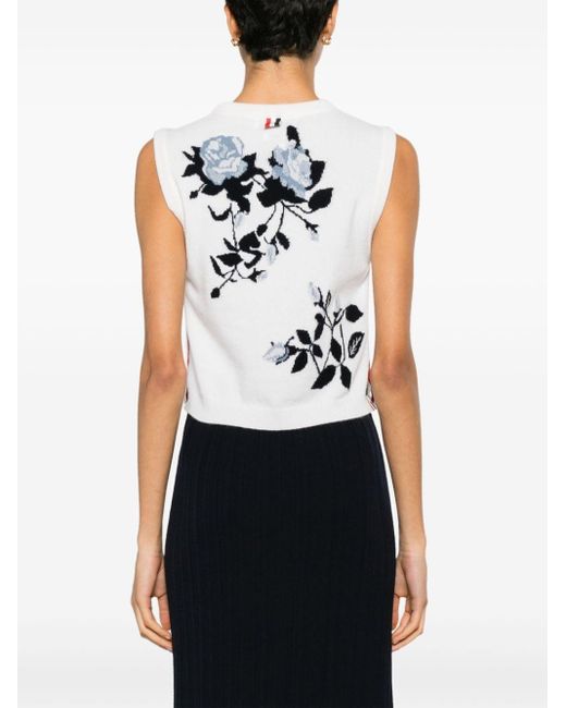 Thom Browne White Floral-intarsia Sleeveless Knitted Top