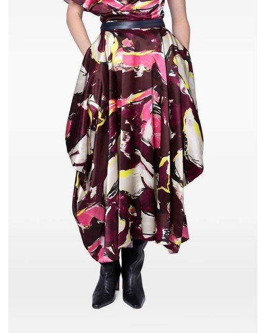Roksanda Red Amari Brush-Print Draped Maxi Skirt