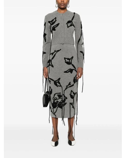 Erdem Gray Floral-Embroidered Tie-Detail Cardigan