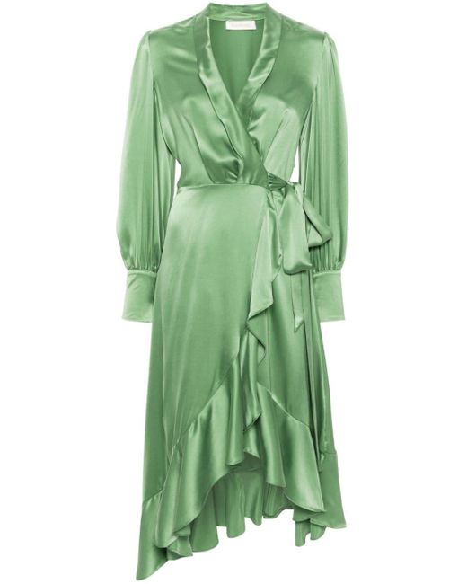 Zimmermann Green Ruffle-detail Silk Wrap Dress