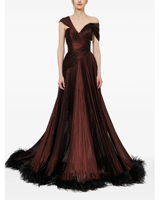 IRIS SERBAN Brown Feather-Trimmed Pleated Maxi Dress