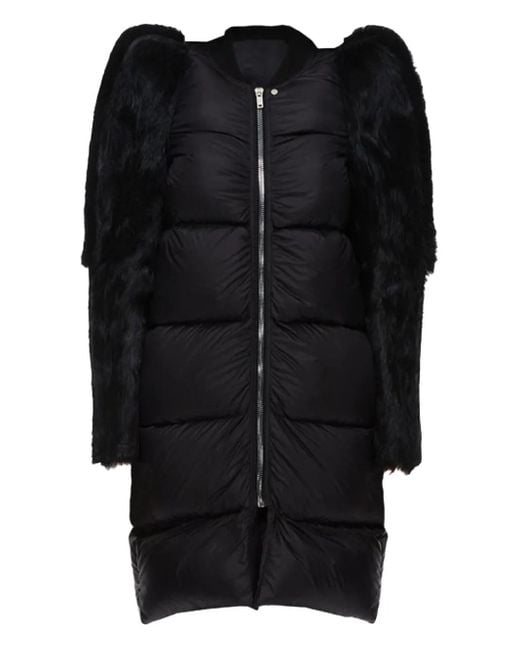 Rick Owens Black Fur-Trimmed Quilted Coat