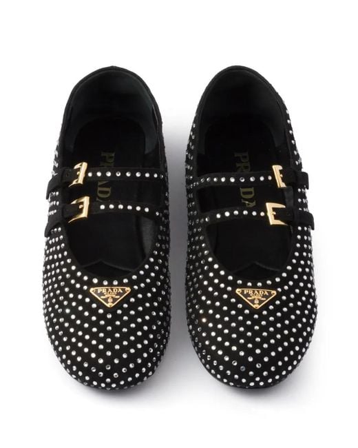 Prada Black Crystal Suede Ballerina Flat