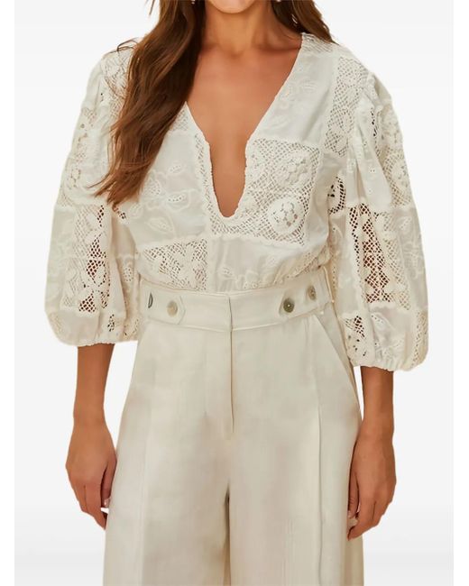 Farm Rio Natural Eyelet-Details Puff-Sleeve Bodysuit