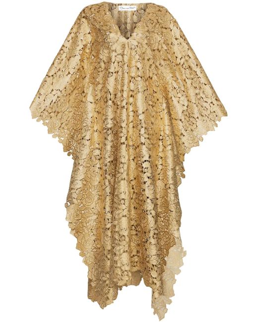Oscar de la Renta Yellow Foiled Guipure-Lace Kaftan Dress