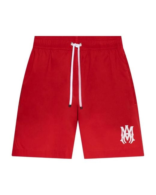 Amiri Red Logo Drawstring Swim Shorts for men