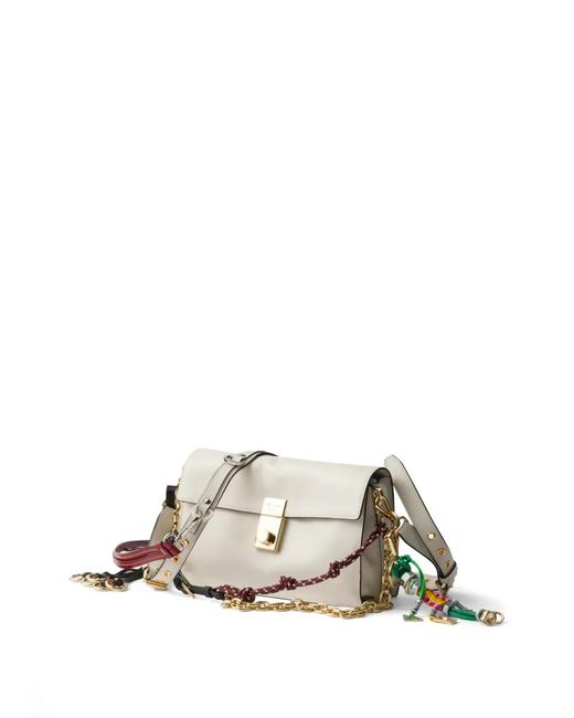 Prada White Soft Sound Small Leather Shoulder Bag With Charms