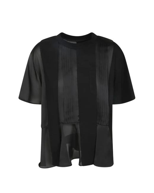 Sacai Black Pleated-Panel Ruffled T-Shirt