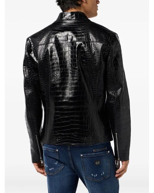 Philipp Plein Black Crocodile-Print Leather Jacket for men