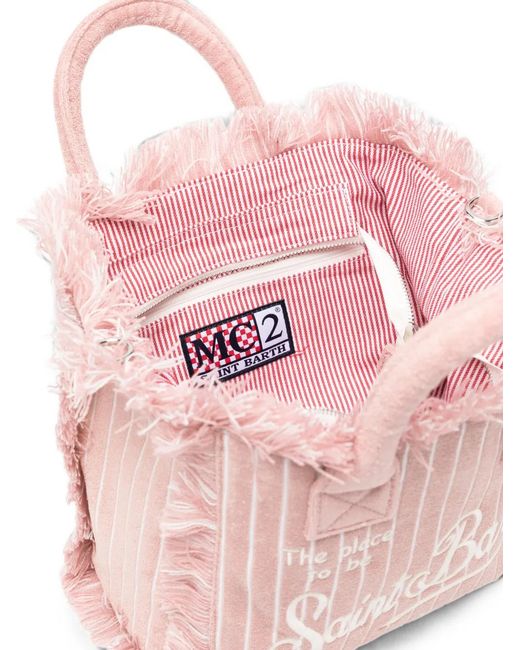 Mc2 Saint Barth Pink Fringed Striped Beach Bag