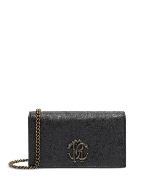 Roberto Cavalli Black Logo-Plaque Leather Clutch Bag