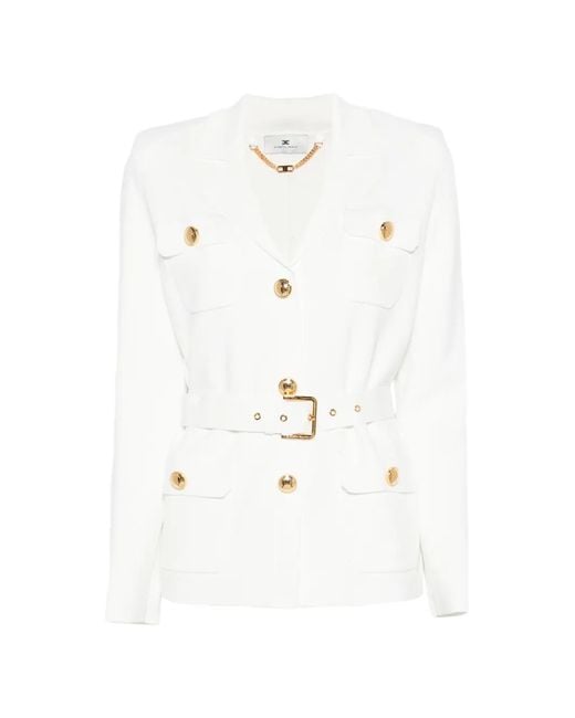 Elisabetta Franchi White Belted And Pocket Knit Cardigan