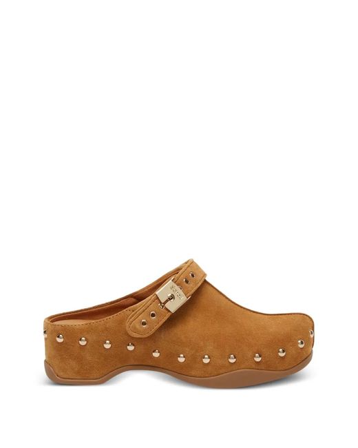 Scholl Brown Stud-Embellished Buckle-Fastening Clogs