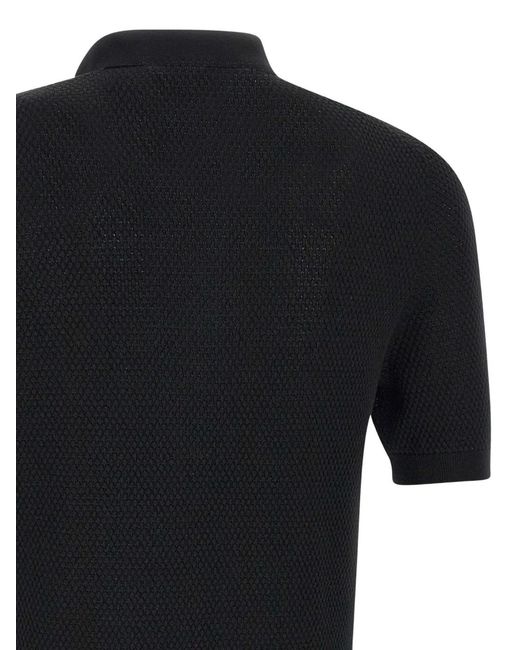 Gran Sasso Black Textured-Knit Short-Sleeve Polo Shirt for men
