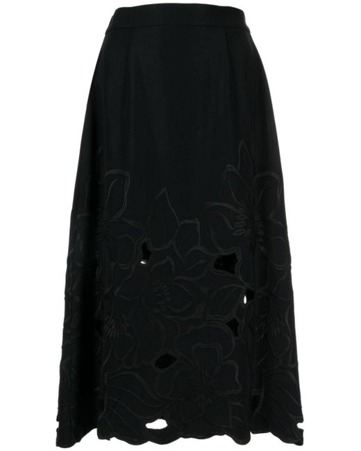 Elie Saab Black Cut-out Floral-detail Midi Skirt