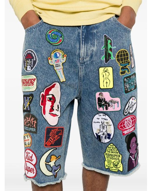 Kidsuper Blue Patch-Embellished Frayed-Edge Shorts for men