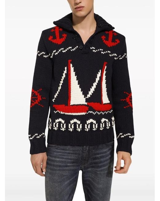 Dolce & Gabbana Black Patterned Intarsia-Knit Cotton Jumper for men
