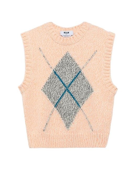 MSGM White Argyle-Intarsia Knitted Sweater