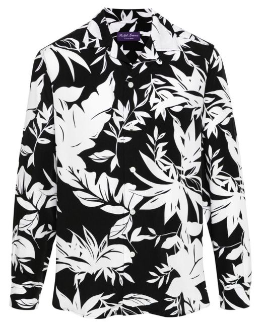 Ralph Lauren Purple Label Black Leaf-print Camp Shirt for men