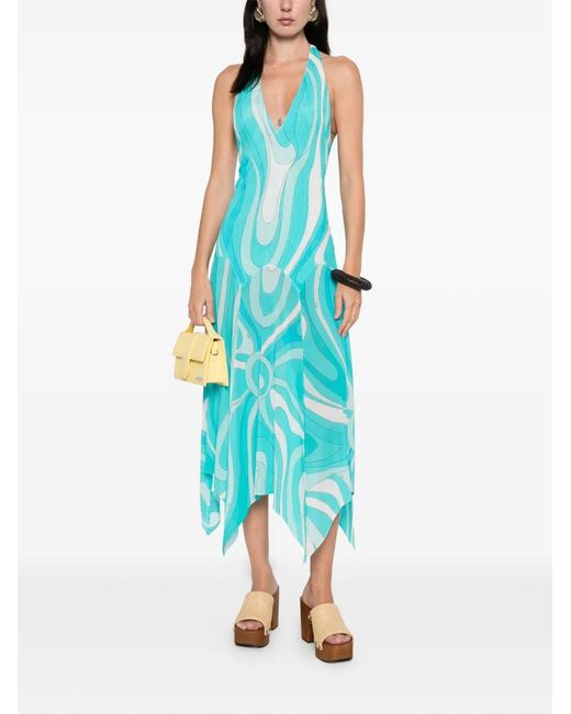 Emilio Pucci Blue Marmo-Print V-Neck Asymmetric Dress