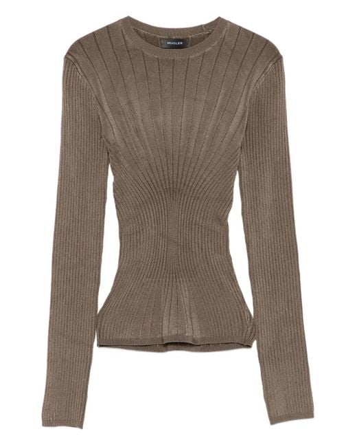 Mugler Brown Gerippter Pullover mit rundem Ausschnitt