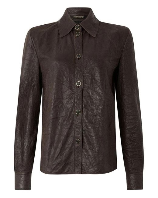 Roberto Cavalli Black Geknöpftes Hemd Aus Leder