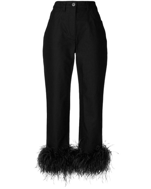 Pantalon droit à ourlet en plumes d'autruche Prada en coloris Black