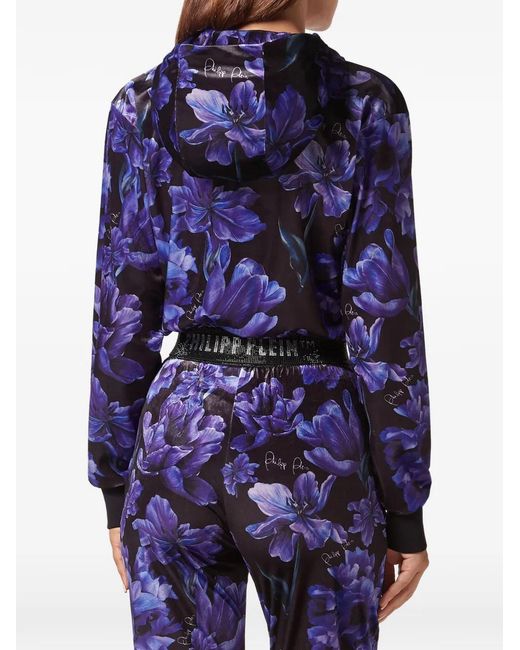 Philipp Plein Blue Floral-Print Cropped Hoodie