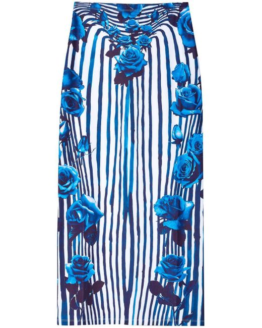 Jean Paul Gaultier Blue Flower Body Morphing Striped Midi Skirt