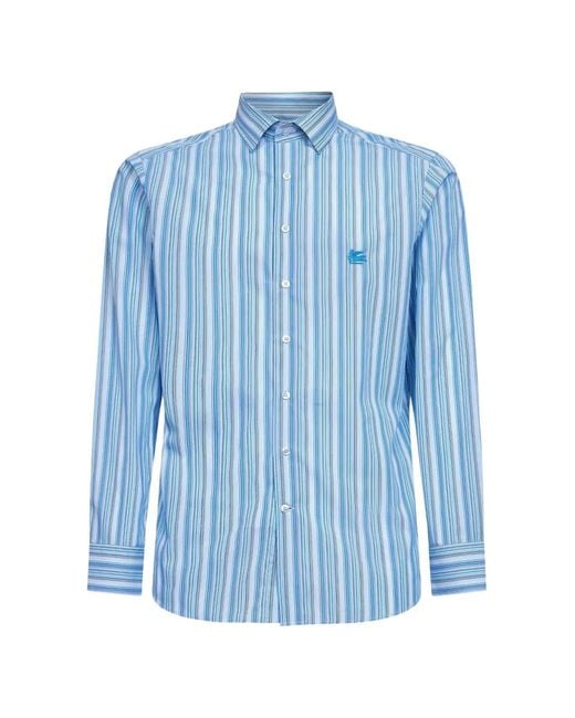 Etro Blue Striped-Pattern Logo-Embroidered Shirt for men