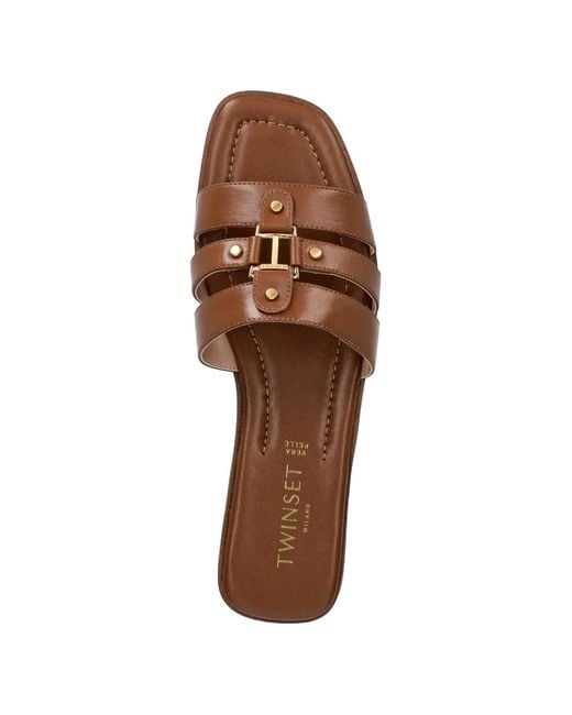 Twinset Brown Logo-Plaque Caged Slides