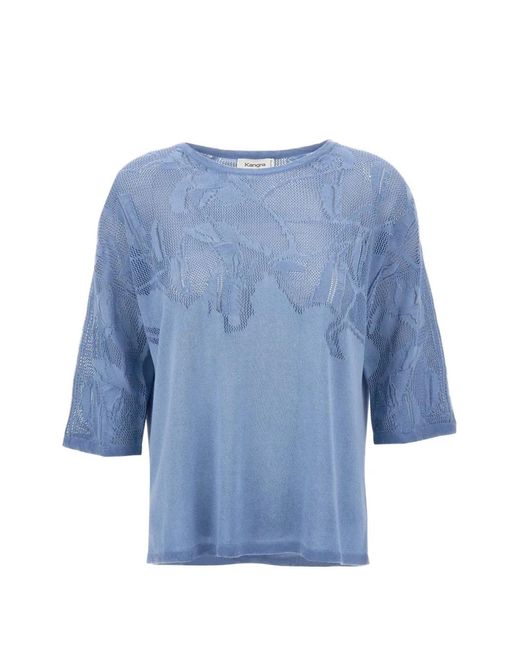 Kangra Blue Openwork-Detail Three-Quarter-Sleeve Sweater