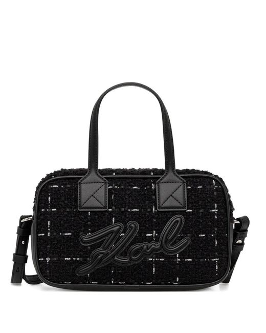 Karl Lagerfeld Black Logo-Appliqué Tweed Tote Bag