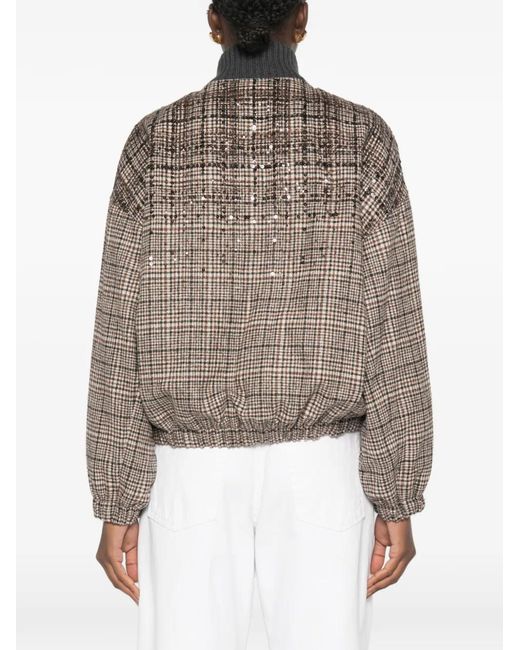 Brunello Cucinelli Brown Sequin-Embellished Checked Jacket
