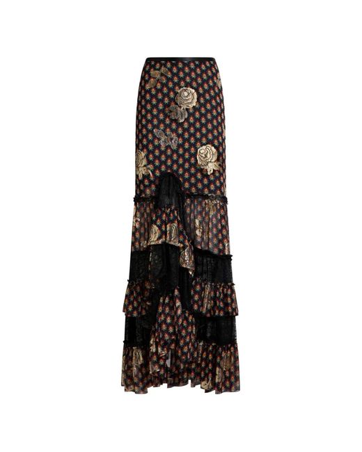 Etro Black Silk And Lace Maxi Skirt With Fil Coupé Roses And Tie-Inspired Motif