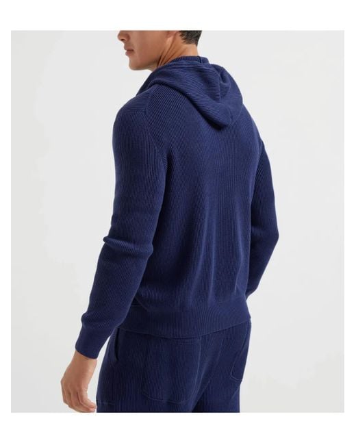 Brunello Cucinelli Blue Knitted Hooded Jacket for men
