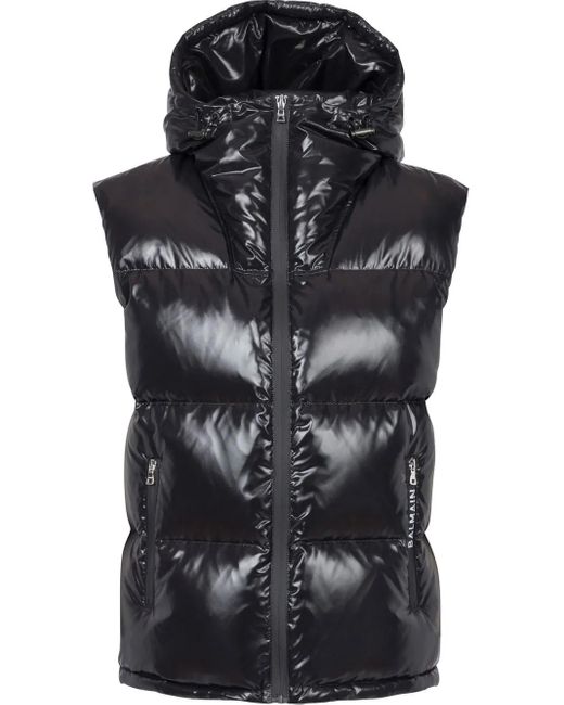 Balmain Black Puffer Hooded Sleeveless Jacket for men