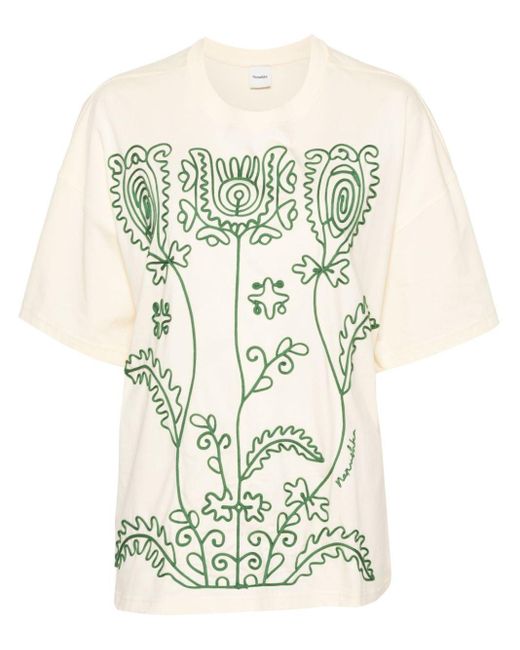 Nanushka Natural Wren T-Shirt mit Blumenstickerei