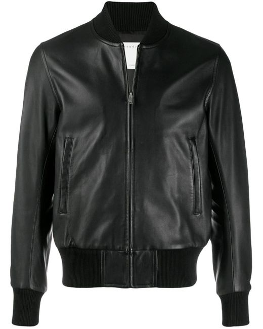 Sandro Black Leather Bomber Jacket for men