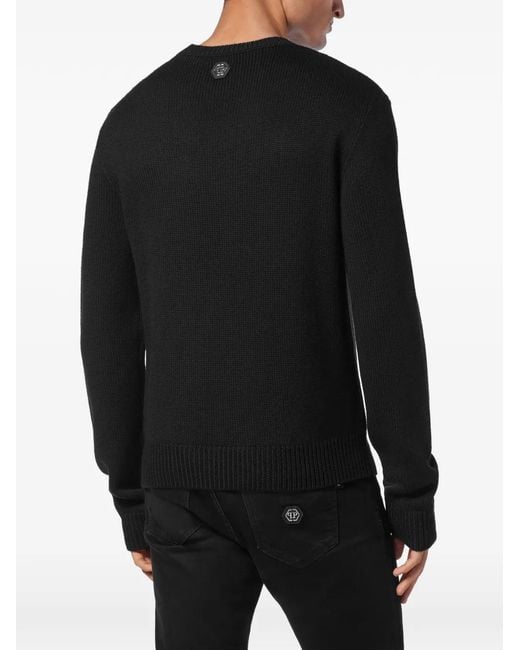 Philipp Plein Black Pull À Col Rond Et Motif Tête De Mort for men