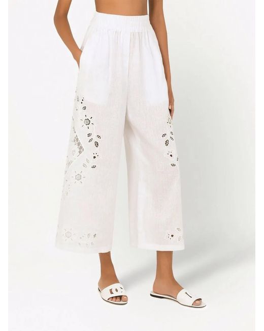 Dolce & Gabbana White Embroidered Cropped Linen Trousers