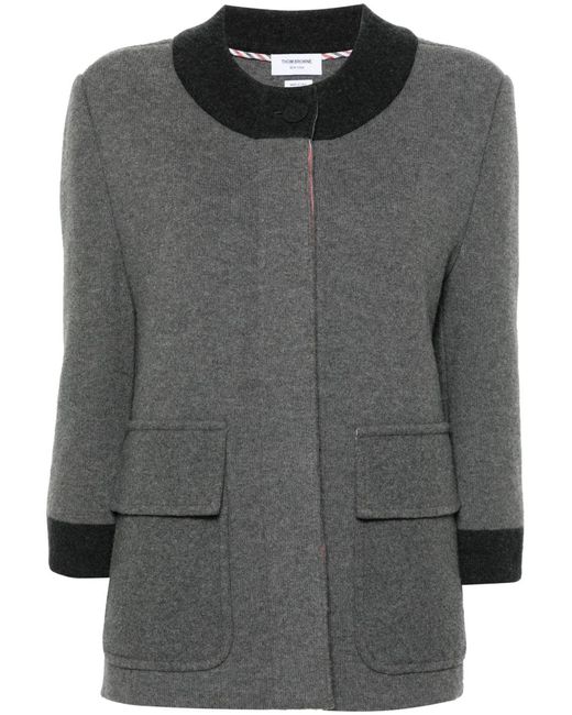 Thom Browne Gray Contrasting-Trim Wool Blend Cardi-Coat